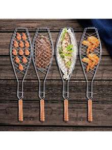 1 件不粘鱼烧烤篮，配有木柄和金属丝烧烤钳，适合户外烧烤、露营、野餐