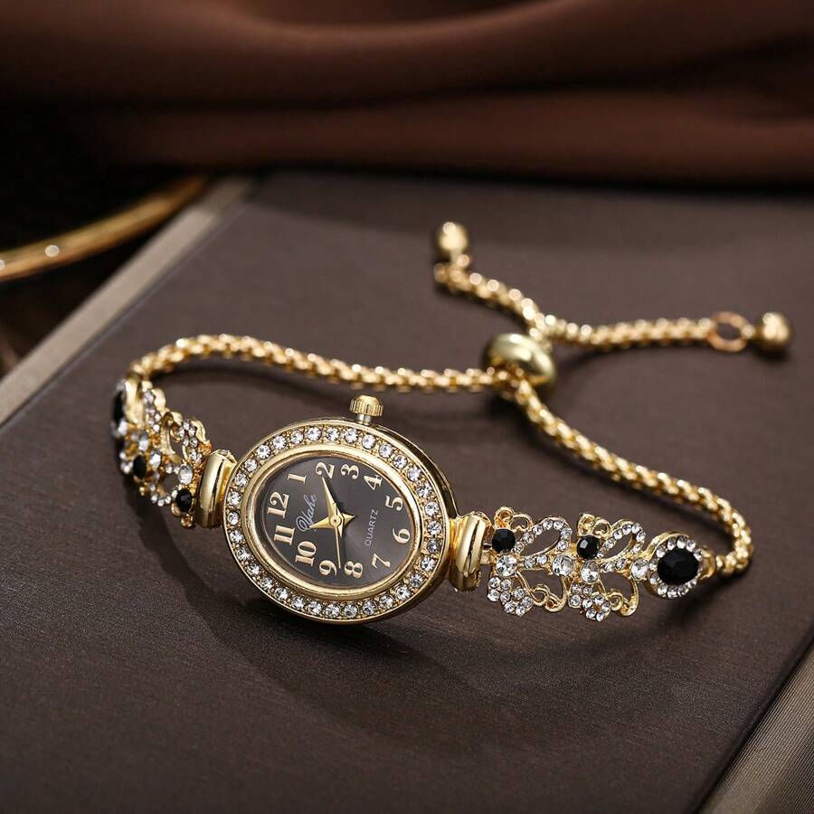 1 pieza Reloj de pulsera de cuarzo con esfera oval de números, elegante y con diamantes de imitación, con correa ajustable