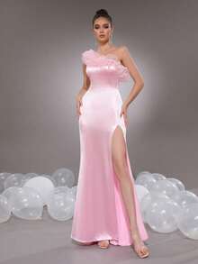 Modphy 性感粉色无袖不对称领口荷叶边修身缎面连衣裙，时尚女士伴娘礼服，正式晚礼服，派对礼服，适合婚礼宾客