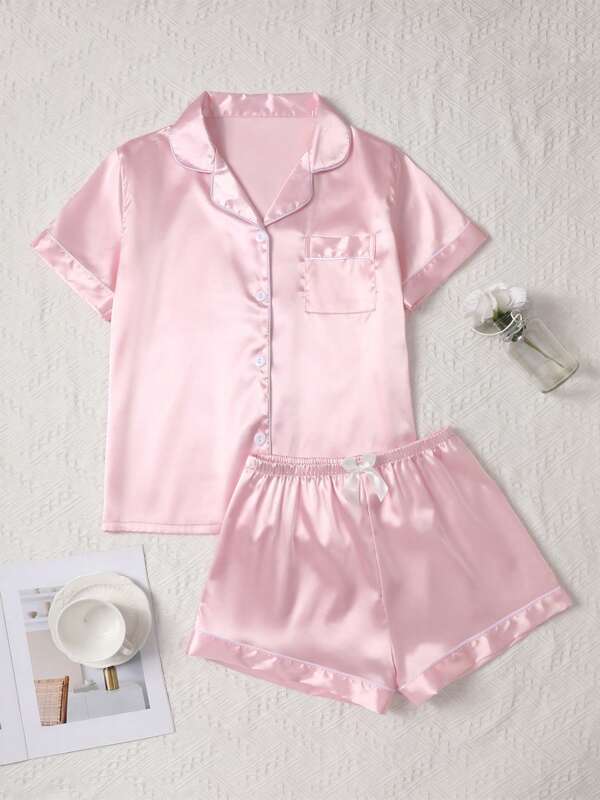 Women's Elegant Plain Silk Pajama Set - Short Sleeve Button Collar Top And Pants, Soft Satin Sleepwear, Machine Washable, Can Be Worn Outdoors, Vacation