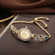 1 pieza Reloj de pulsera de cuarzo con esfera oval de números, elegante y con diamantes de imitación, con correa ajustable