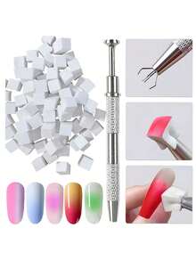 100片白色迷你可替换美甲海绵，美甲海绵金属夹，美甲渐变海绵，美甲海绵套装，包含50片小方海绵、1个刮夹，适用于渐变色美甲DIY，美甲工具，美甲用品，美甲配件