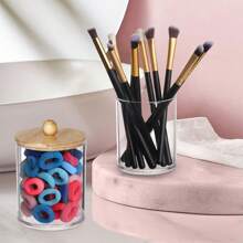 1/2/4pcs Round Plastic Makeup Organizer Containers With Wooden Lids, Bathroom Storage For Cotton Swabs, Makeup Pads, Puffs, Dental Floss