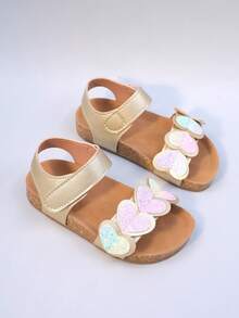 1 Pair Toddler Girls PU Adjustable Strap Heart Shaped Open Toe Flat Sandals, Non-Slip Lightweight Casual Roman Sandals Suitable For 3-15 Years Old Baby Girls, Fashion & Cute, Spring/Summer New Arrival - Gold - View 6