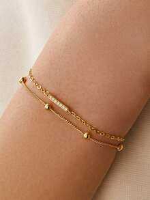 1 件 925 纯银独特圆珠和矩形立方氧化锆双层手链，送给母亲的最佳礼物 - 金黃色 - 查看 1