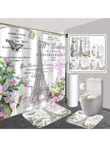 [1/4 peças Conjunto de Cortina de Chuveiro da Torre Eiffel] 1/4 peças Conjunto Elegante de Cortina de Janela do Banheiro, com 12 Ganchos, Acessórios de Decoração de Banheiro, Conjunto de Cortina de Chuveiro Impermeável de Poliéster, Adequado para Todas as Férias Volta às Aulas
