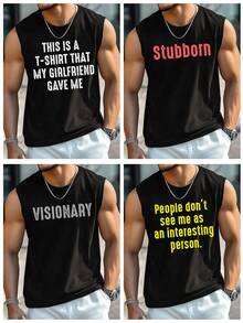 Customizable Retro Text Design Men's Sleeveless Top, Personalized Text/Blessing/Quote/Slogan/Name, Customized Personalized Text, Name & Message, Spring/Summer Men's Crew Neck Vest T-Shirt, Black Top, Music Festival, Family, Valentine's Day Gift, Anniversary Gift, Gift For Best Friends, Holiday Gift, Summer Top - Black - View 2