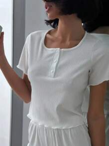 2pcs Women Summer New Solid Color Knitted Ribbed Soft Cozy Round Neck Short Sleeve T-Shirt And Shorts Loungewear Set, Suitable For Home Use
