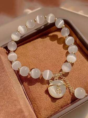 1入精美蛋白石珠寶手鐲-時尚設計，配有精緻貓頭吊飾-男女皆宜的完美配飾，適用於日常佩戴或特殊場合