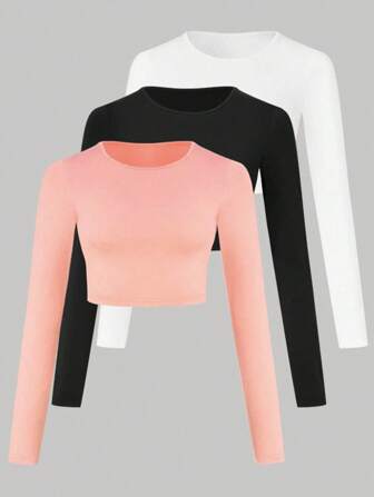 3-Piece Set Women Casual Solid Color Crew Neck Long Sleeve T-Shirt For Outdoor Fitness, Sports In Black/White/Pink