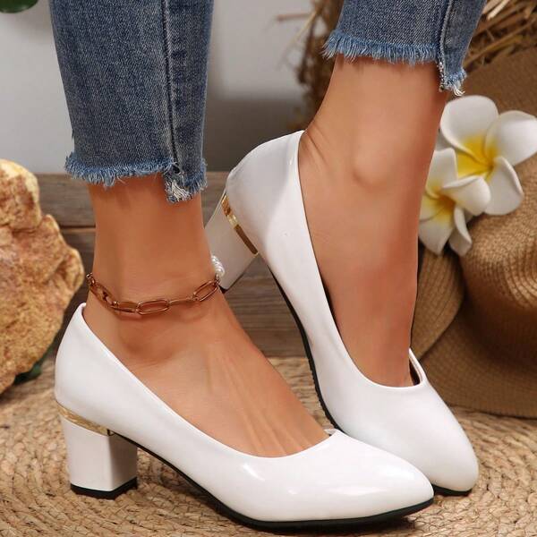 1 Pair Metal Decor Edged, Chunky Heel, Pointed Toe Slip-On Shoes, Commuting & Dating Suitable All Seasons