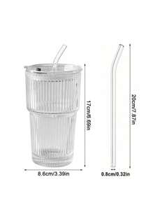 1pc Transparent Glass Cup, With Striped Pattern Lid And Straw, Elegant Glass Drinking Cup With Lid And Straw, Vertical Stripe Design, Portable And Simple Style Cup For Water, Tea Or Coffee, Stylish Home Drinking Glass Suitable, With A Highly Attractive Ins Style, Comes With A Round Shape, With A Capacity Of 600 Ml, For Coffee, Juice And Tea, Perfect Choice For Home And Restaurant, Mother's Day And Easter Gift.