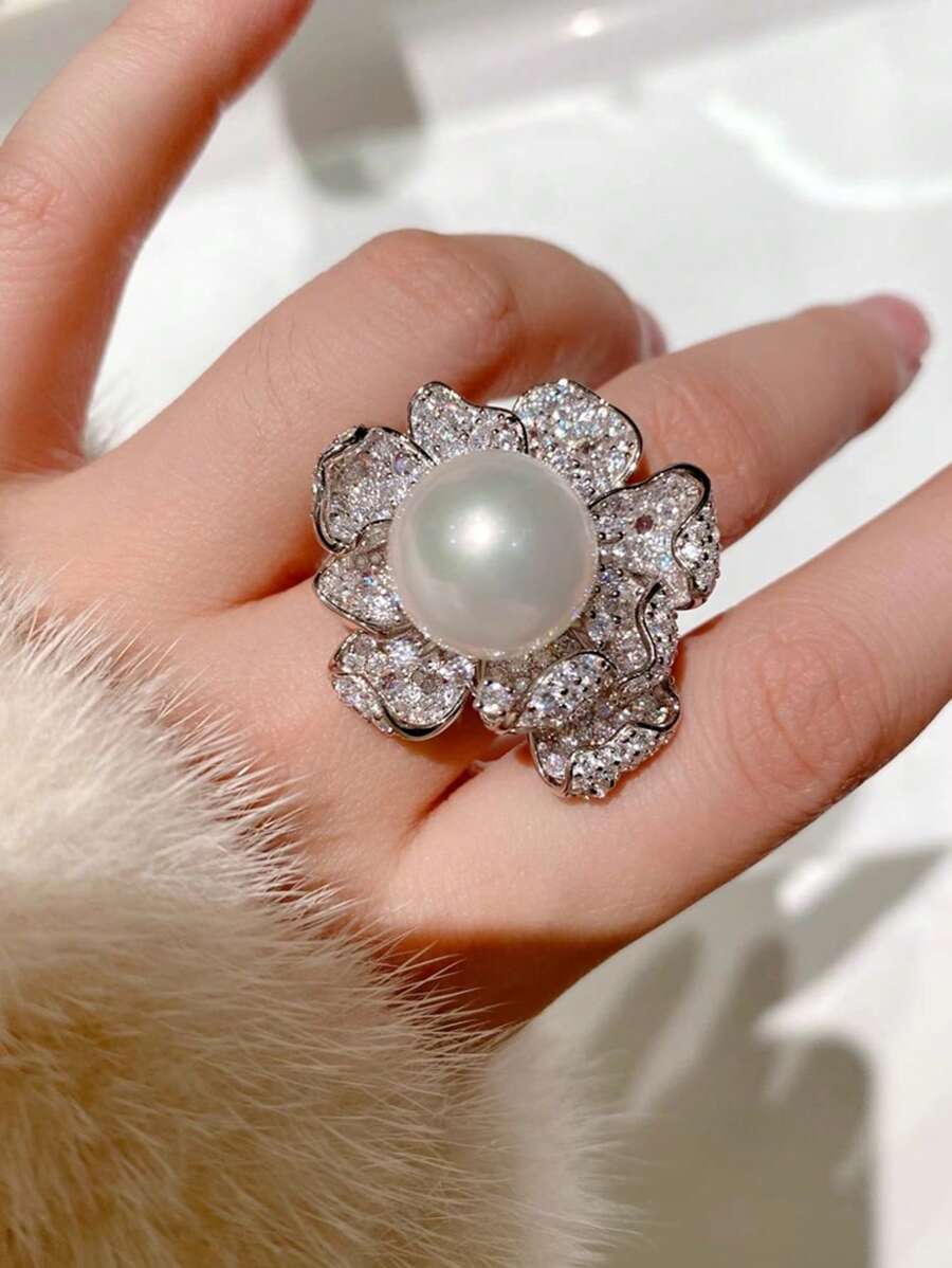 1 PC Gorgeous Cubic Zirconia & Faux Pearl Ring For Women For Mother's Day Gift Party Jewelry