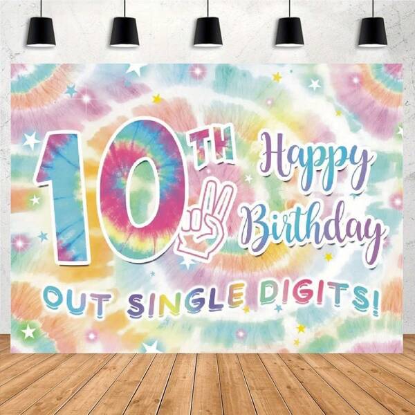 1pc 10th Birthday Banner - Tie Dye Colorful Background With "Happy 10th Birthday" Text, Stars And Single Digit Design, Suitable For Party Decoration, Photo Booth Fun And Single Digit Celebration, Birthday Decor