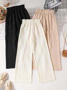 3 pièces Pantalons large taille élastique de couleur unie pour filles, doux et polyvalents pour l'été en extérieur, décontractés et confortables pour le printemps, conviennent aux tout-petits et aux jeunes
