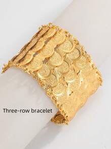 1pc 18K Gold Plated Copper Bead Strand Single/Double/Triple Layered Bracelet, Tarnish Resistant, Suitable For Wedding, Graduation, Eid, Handmade Glittering Coin Pattern