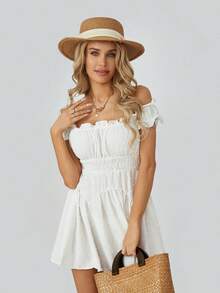 Women Summer Short Dress Solid Color Ruched Bust Boat Neck Off Shoulder Puff Sleeve A-Line One Piece For Ladies - White - View 8