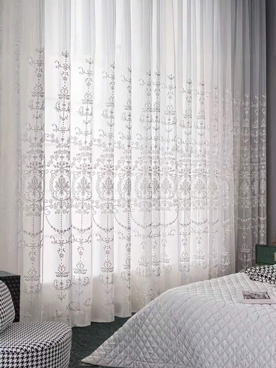 2pcs Sheer Embroidery Lace Trim Curtains, Polyester Curtains For Bedroom, Seasonal Home Decorative Curtains