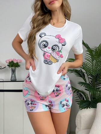 2 件套女士熊猫印花睡衣套装，短袖上衣和短裤，柔软、可爱、舒适的家居服