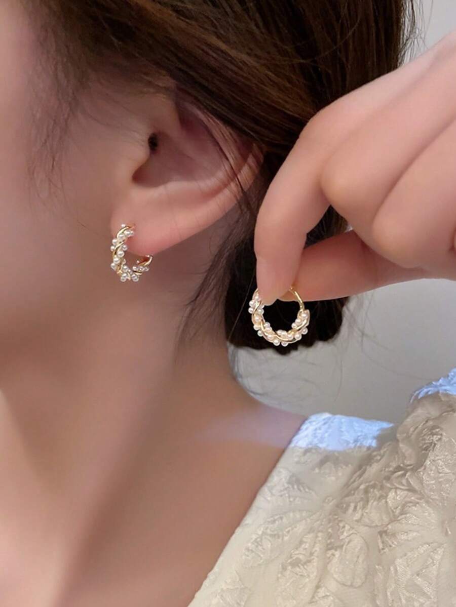 1 对简约小圆形人造珍珠环绕耳环，适合女性日常、约会、通勤佩戴 - 彩色 - 查看 1