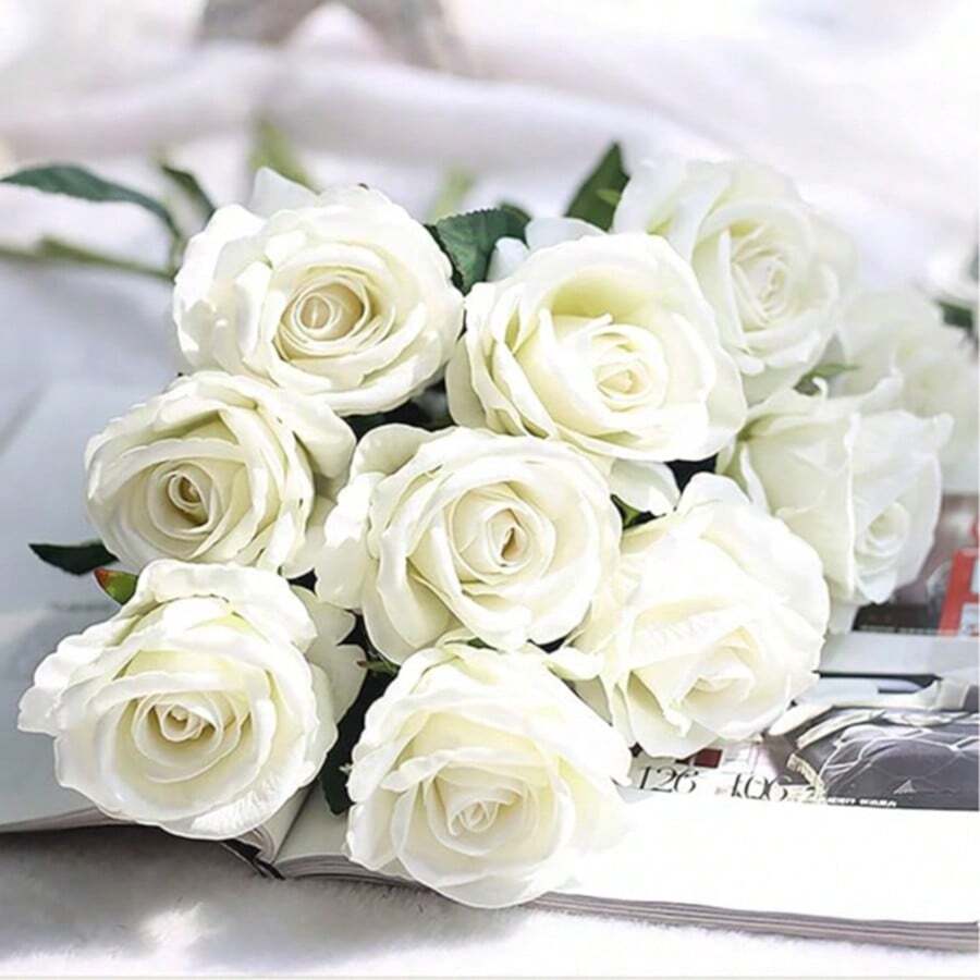 52厘米人造彩色玫瑰，逼真的丝绸花束，浪漫的假玫瑰礼物，家居装饰粉色花朵装饰，3英寸无茎缎玫瑰，适用于墙面装饰、婚礼、人造花束、春季装饰、DIY工艺品 - 白色 - 查看 1