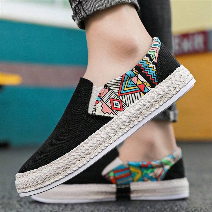 男士新款时尚老北京布鞋软底舒适男帆布鞋休闲透气平底老爹鞋（图案随机） - 黑色 - 查看 1