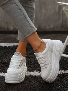 秋冬白色百搭休闲女鞋，时尚女士厚底运动鞋 - 白色 - 查看 5