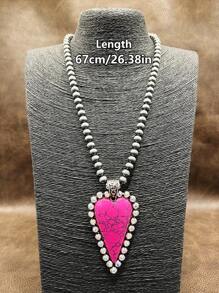 1buc la modă Retro Western Country Style Pink Stone CCB Cu margele În formă de inimă Colier pandantiv, Stil 7 straturi cu margele, potrivit pentru femei și fete pentru a se potrivi cu ținuta de zi cu zi, accesorii de petrecere, bijuterii, cadou pentru familie/prieteni/dvs.