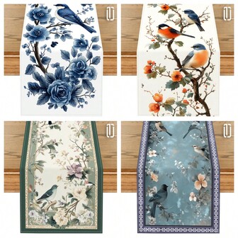 1PC Elegant Spring Floral And Bluebird Dining Table -100% Polyester, Rectangular, Woven Design, Suitable For Home And Party Dining Decoration