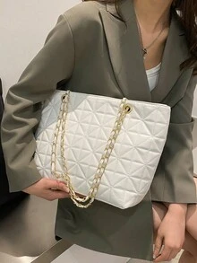 黑色PU时尚简约大容量菱格纹金属链条拉链单肩手提包，适合女性日常通勤、旅行、度假、聚会、朋友聚会、送给女友的生日礼物、情人节礼物、工作包、书包、大学必备单品 - 白色 - 查看 8