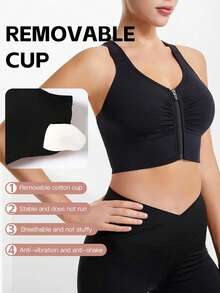 女款前拉鍊鏤空背瑜伽運動內衣，無鋼圈、吸震支撐，跑步健身背心，健身房上衣 - 黑色 - 查看 5