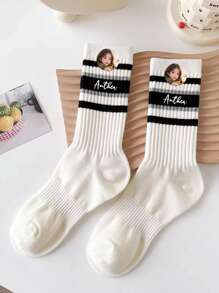 1Pair Striped Socks For Women's Mid-Tube Socks Ins Internet Celebrity Style Super Hot Versatile Sports Wear Solid Color Stockings Long Tube High Waist Personalized Text Customization