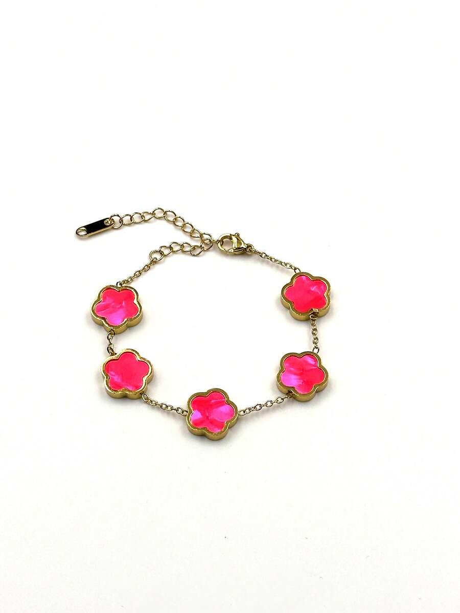 1pc Fashion Shiny Abalone Clover Stainless Steel Double-Sided Bracelet - Watermelon Pink - View 1