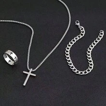 Set de 3 piezas con collar, pulsera y anillo con cruz, popular en Europa y América - Multicolor - Ver 9
