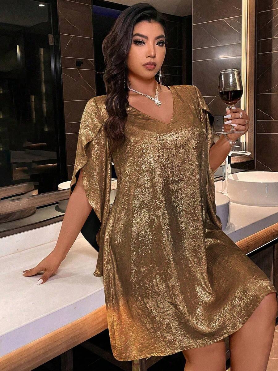 EARO POP Loose V-Neck Sequin Decorated Evening Dress, Suitable For Curvy Figures - Gold