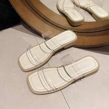 Sandales plates pour femmes, nouvelles sandales d'été 2025 pour l'extérieur et la plage avec bout carré, double bride transparente - Beige - Voir 1