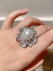 1 PC Gorgeous Cubic Zirconia & Faux Pearl Ring For Women For Mother's Day Gift Party Jewelry