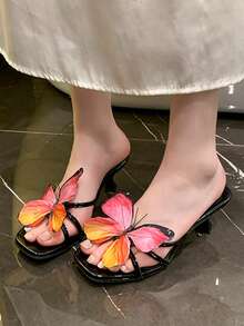 Thai Niche Design Butterfly Elegant Flat Thong Sandals For Women, 2025 Summer New Graceful High Heel Shoes - Black - View 2