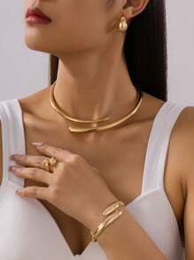1 conjunto de pulseira de metal geométrica de alta qualidade, anel, colar, brincos, joias para mulheres, presente para namorada, adequado para festivais, festas, encontros