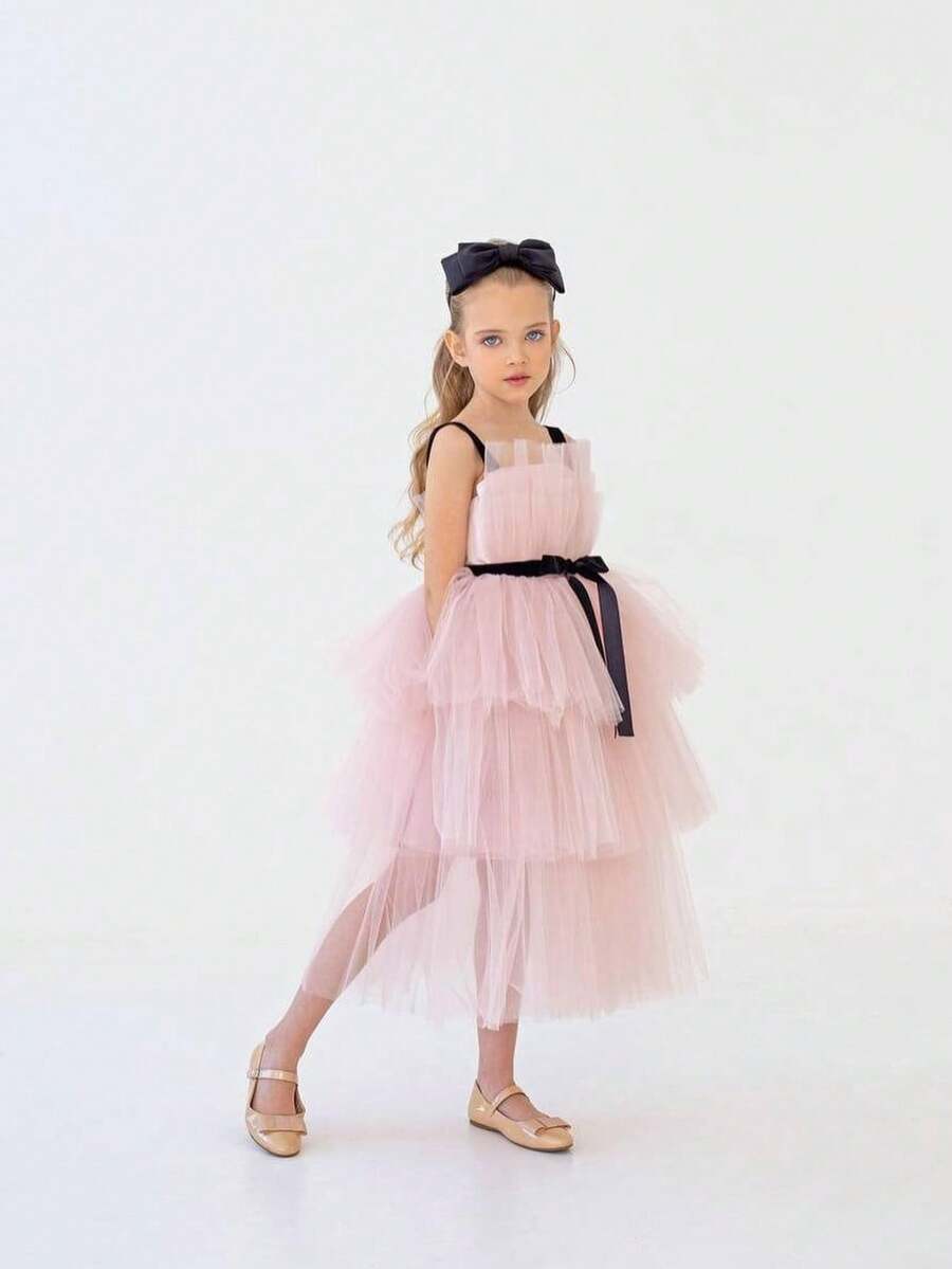 Young Girl's Tulle Party Dress, Suitable For Birthday, Wedding, Flower Girl, Formal Occasions, Holiday Celebration - Pink - View 1
