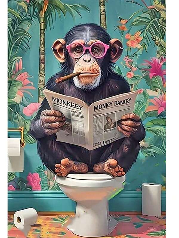 Set de pintura de diamantes 5D de 20-20 pulgadas sin marco, Pintura creativa de gorila leyendo un periódico en el baño - Decoración tropical y vibrant para el baño, ideal para sala de estar, oficina o pasillo