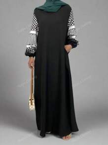 Große Größen Damen Kleid im arabischen Stil mit Patchwork, Kontrastfarben, Taschen und Kordelzug, bescheidener Mantel, Abaya