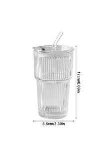 1pc Transparent Glass Cup, With Striped Pattern Lid And Straw, Elegant Glass Drinking Cup With Lid And Straw, Vertical Stripe Design, Portable And Simple Style Cup For Water, Tea Or Coffee, Stylish Home Drinking Glass Suitable, With A Highly Attractive Ins Style, Comes With A Round Shape, With A Capacity Of 600 Ml, For Coffee, Juice And Tea, Perfect Choice For Home And Restaurant, Mother's Day And Easter Gift.