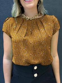 印花荷叶边衬衫，女士休闲短袖衬衫，春夏度假款 - 黃色 - 查看 2