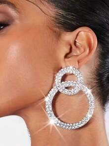 Double Hoop Rhinestone Earrings, Elegant Long Earrings, Personalized Korean Style Fashion Earrings For Women