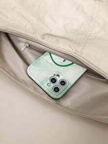 1pc Peach Tree Fashion Minimalist Solid Color Large Capacity Adjustable Strap Crossbody Shoulder Bag, Multi-Pockets Vintage For Daily/Shopping, Lightweight Water-Washed Nylon - Beige - View 10