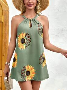 2025欧美新款夏季女式休闲连衣裙向日葵蝴蝶印花镂空设计无袖沙滩度假吊带背心裙 - 綠色 - 查看 6