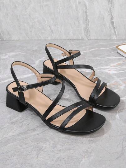 Plus Size Elegant Open Toe Minimalist Ankle Strap Classic High Heel Backless Strap Chunky Heel Sandals, Versatile Closed Toe French Style Mid-Heel Sandals For Women