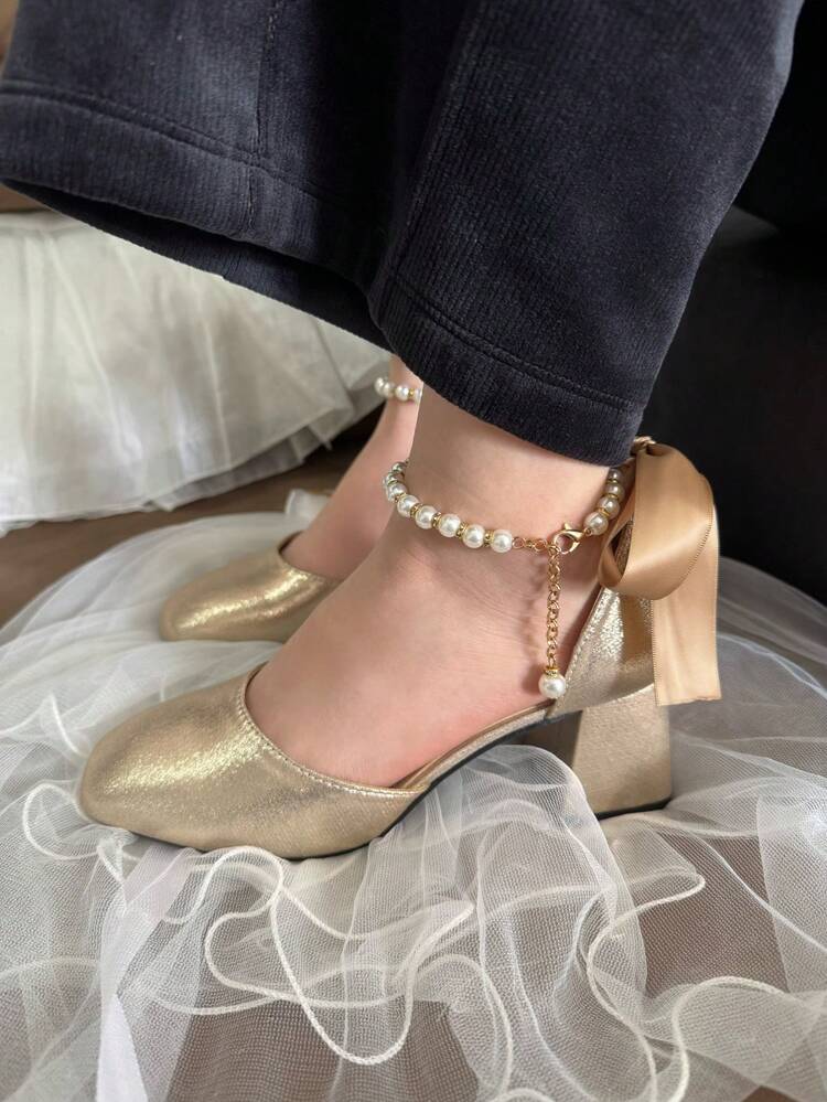 Klackskor med fyrkantig tå för tonåringar, moderiktiga, eleganta, bekväma, mjuka material, band- och pärldesign, enkel stil lämpliga för olika tillfällen - Guld - Visa 5