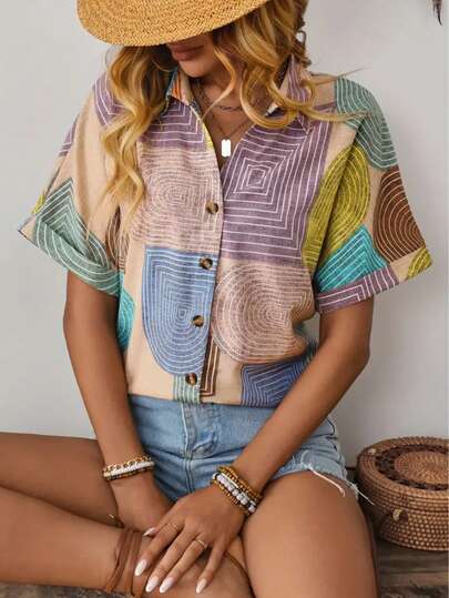 CMC Women's Short Sleeve Shirt, Abstract Print, Casual & Elegant Blouse, Suitable For All Seasons, Regular Length, Youthful Style